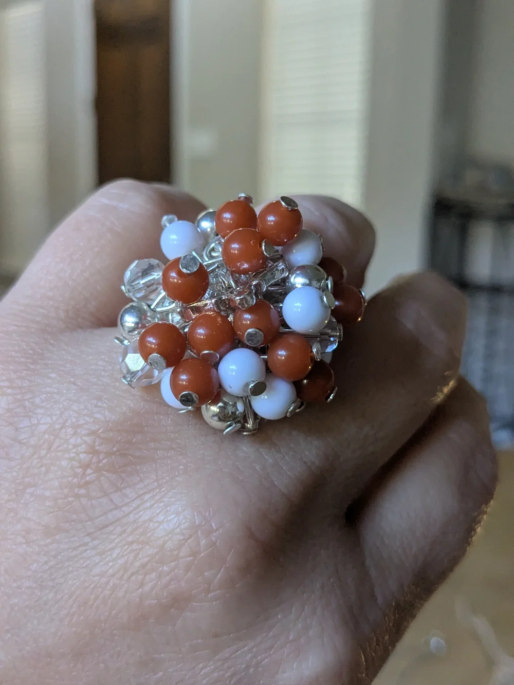 Cluster Bead Statement Ring - White & Coral Beads